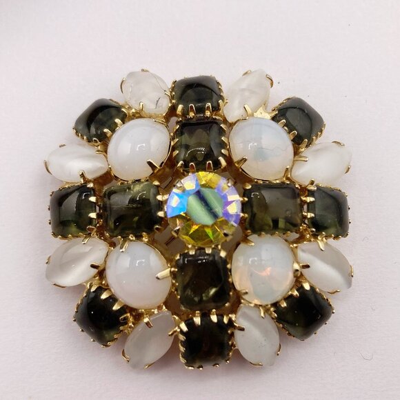 VINTAGE White moonstone, smoky grey, and AB rhinestone statement brooch goth pin - Picture 3 of 7